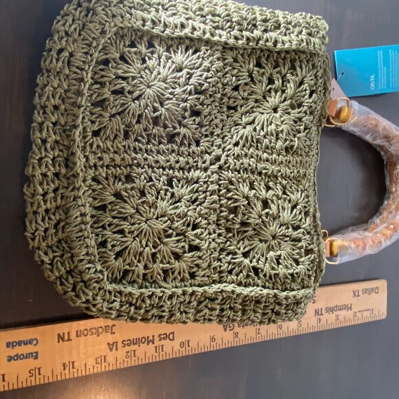 KISS SEA Woven Crochet Handbag Bamboo Handle Green NWT - Picture 8 of 9